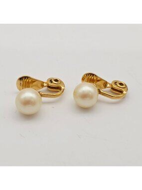 Monet Gold-Tone Clip-On Earrings With Faux Pearl Accents 1/4"